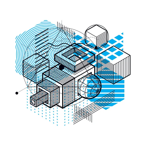 Ізометрична Абстракція Лініями Різними Елементами Векторний Абстрактний Фон Склад Кубів — стоковий вектор