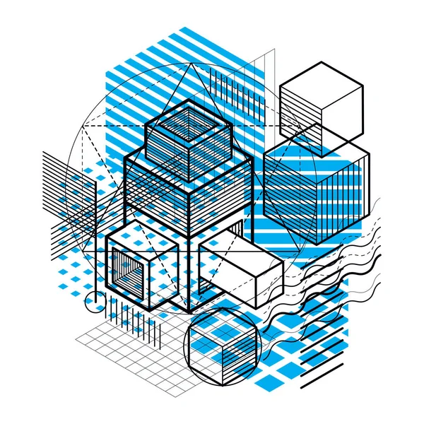 3B şekiller kompozisyon soyut, izometrik arka plan vektör. Kompozisyon küpleri, Altıgenler, kareler, dikdörtgenler ve farklı soyut öğeler.