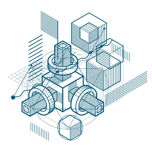 Isometrische Abstrakte Hintergrund Mit Linearen Dimensionalen Formen Vektor Mesh Elemente — Stockvektor