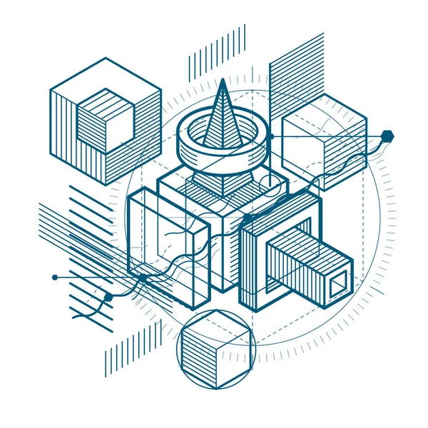 İzometrik hatları ile arka plan, illüstrasyon vektör. Küpleri, Altıgenler, kareler, dikdörtgenler ve farklı soyut öğeler ile yapılan şablonu.