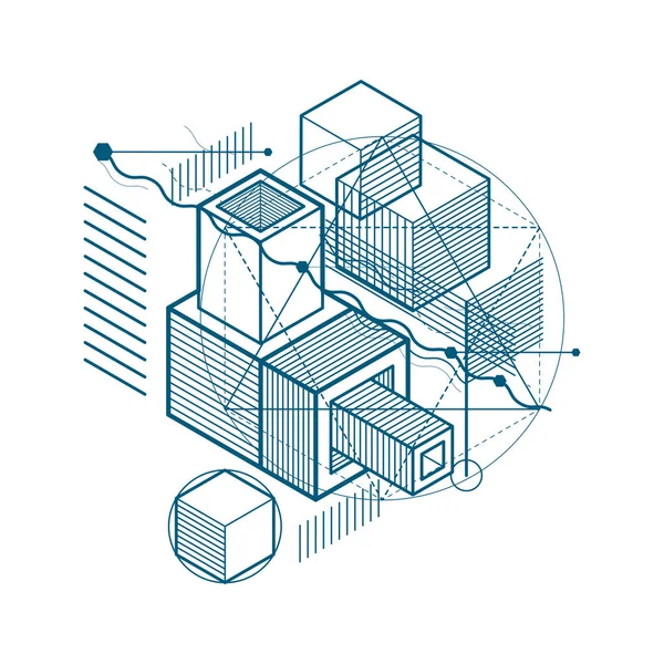 3B şekiller kompozisyon soyut, izometrik arka plan vektör. Kompozisyon küpleri, Altıgenler, kareler, dikdörtgenler ve farklı soyut öğeler.