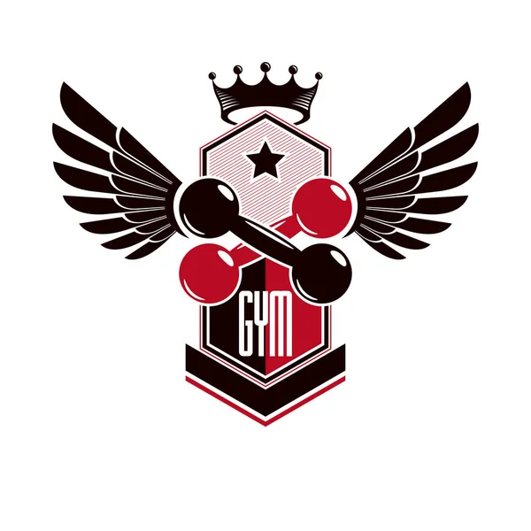 Bodybuilding weightlifting gym logotype sport template, vintage style vector emblem with wings.