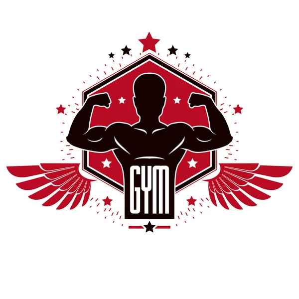 Bodybuilding weightlifting gym logotype sport club, retro stylized vector emblem or badge with wings. With sportsman silhouette.