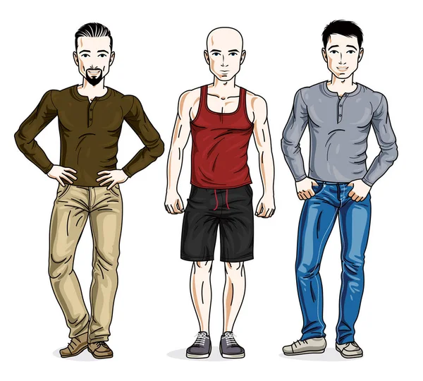 Happy Men Group Standing Wearing Casual Clothes Vector People Illustrations — Stock Vector