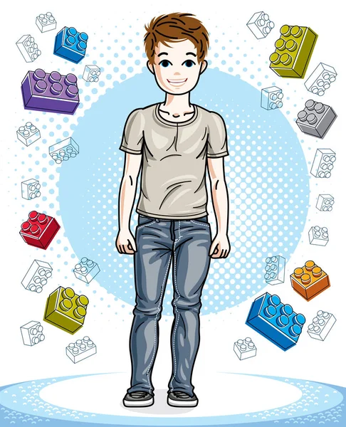 Young Teen Boy Cute Children Standing Wearing Fashionable Casual Clothes — Stock Vector