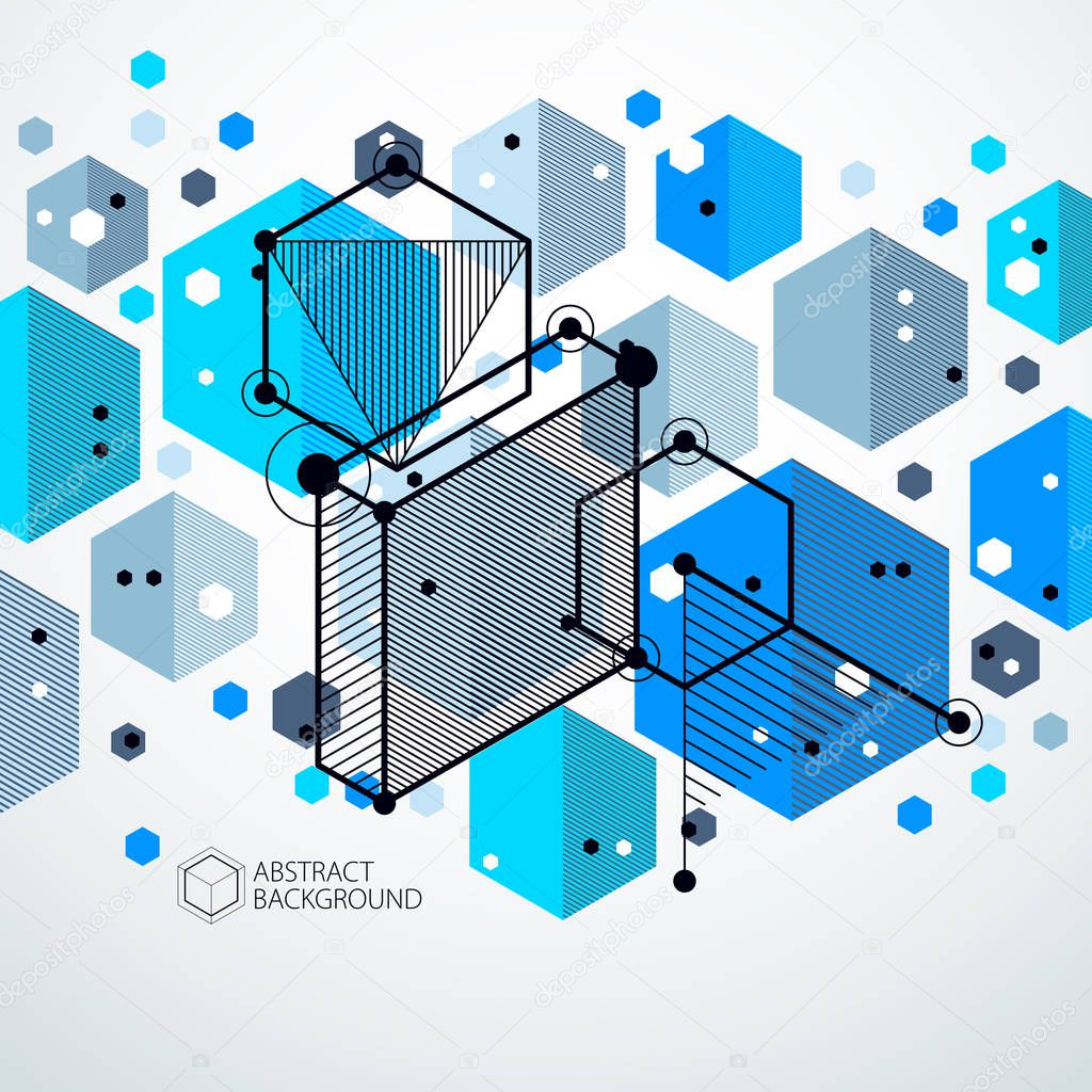 Geometric technology vector blue drawing, 3D technical wallpaper. Illustration of engineering system, abstract technological backdrop. Abstract technical background.
