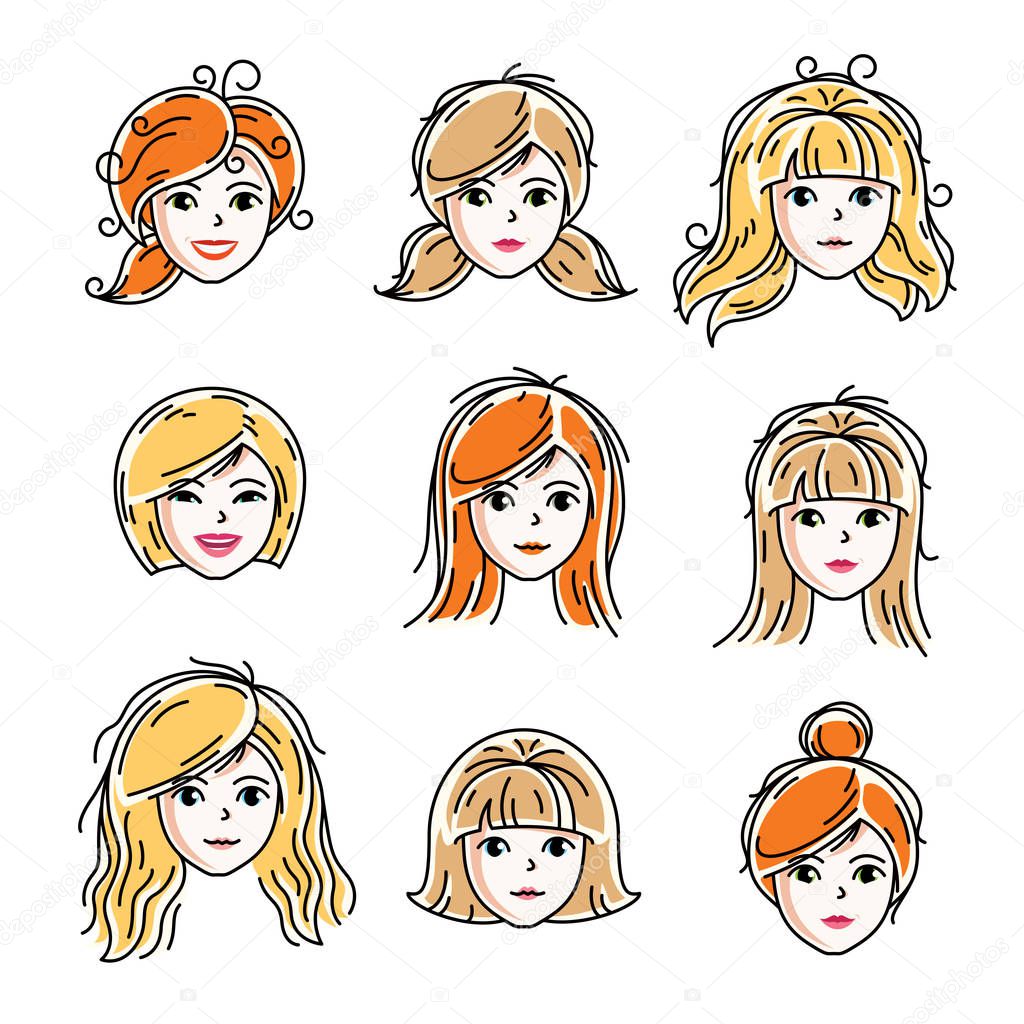 Set of women faces, human heads. Different vector characters like redhead and blonde females, attractive ladies face features collection.