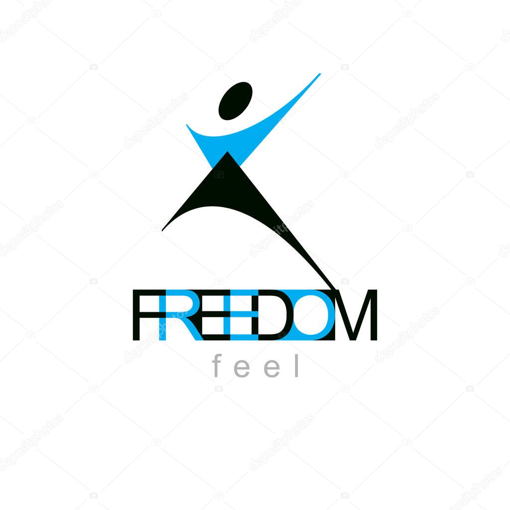 Vector illustration of excited abstract  man with raised reaching up. Liberty conceptual logotype. Happiness metaphor logo. Business innovation idea creative emblem.