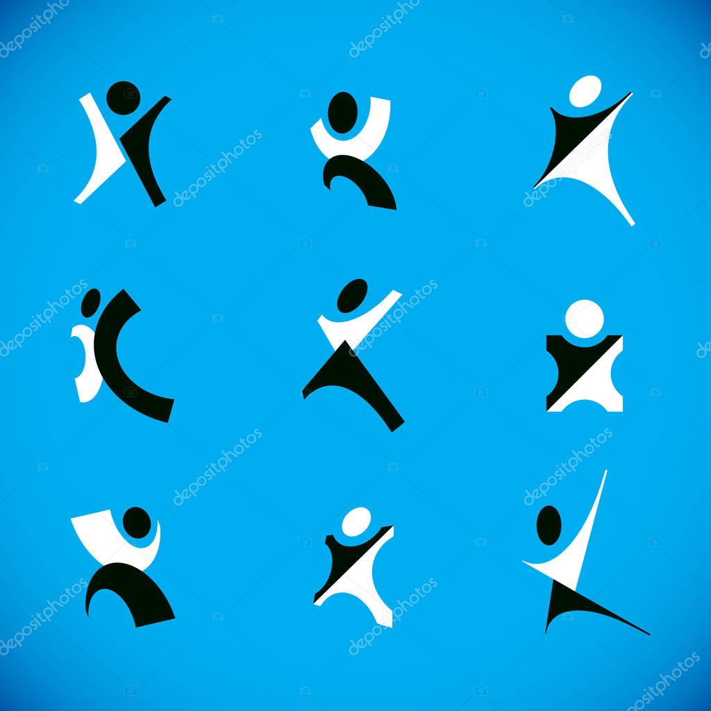 Vector illustration of excited abstract man with arms reaching up. Successful business career abstract symbol.