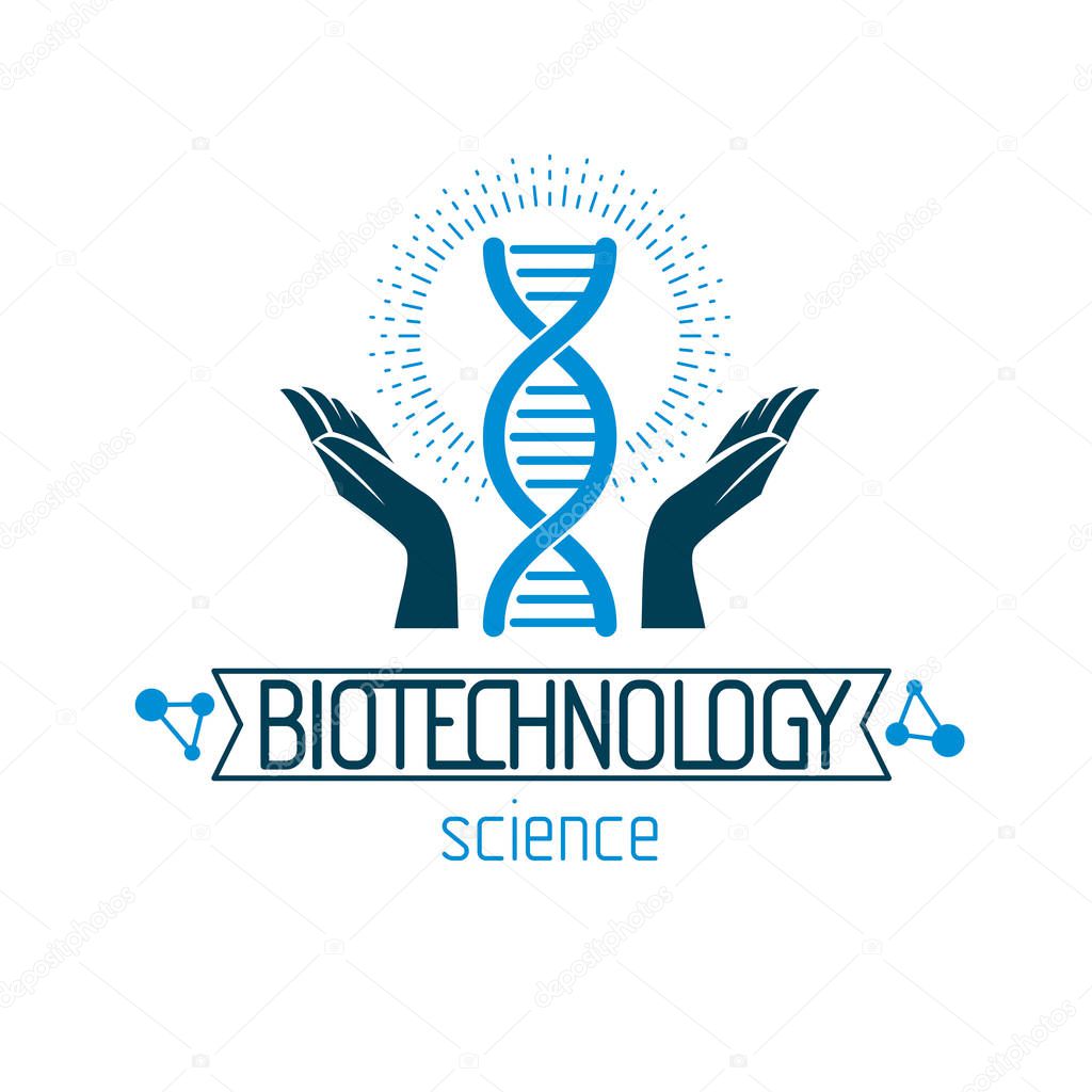 Caring hands hold a model of human DNA. Bioengineering as the direction of genetics, abstract vector scientific symbol best for use in education, science and humanity evolution research.