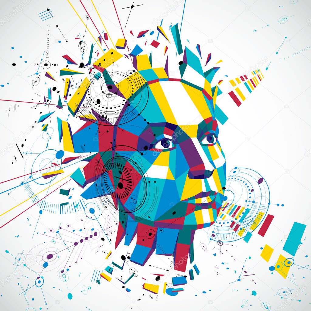 Communication technology 3d vector background made with engineering draft elements and mechanism parts, science subject. Low poly illustration of human head full of thoughts, intelligence allegory.