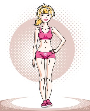 Yetişkin kalan genç güzel sarışın ince kadın. Vektör çizim güzel Bayan pembe şort giyiyor. İş çıkışı ve Tema Eğitimi.