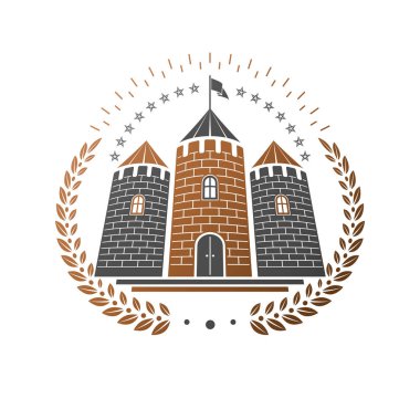 Antik Kale amblemi. Heraldic Coat of Arms dekoratif logosu izole edilmiş vektör çizimi. Beyaz arka planda eski tarzda antika logosu.