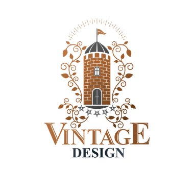 Antik Kale amblemi. Heraldic Coat of Arms dekoratif logosu izole edilmiş vektör çizimi. Beyaz arka planda eski tarzda antika logosu.