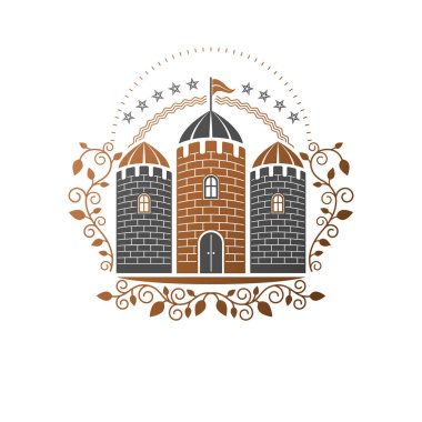 Antik kale amblemi. Hanedan vektör tasarım öğesi. Retro tarzı etiket, Hanedanlık armaları logo. İzole beyaz zemin üzerine antika logo.