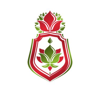 Lily çiçek kraliyet sembolü ile oluşturulan vintage hanedan amblemi. Eko ürün simgesi, organik ve sağlıklı gıda Tema illüstrasyon, dekoratif Koruma Kalkanı.