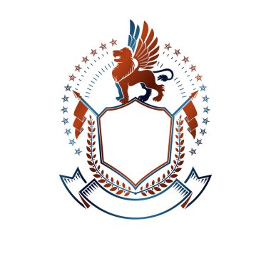 Aslan hanedan hayvan öğe, pentagonal yıldız ve bayrakları ile grafik amblemi. Hanedan Arması izole dekoratif logo vektör çizim.