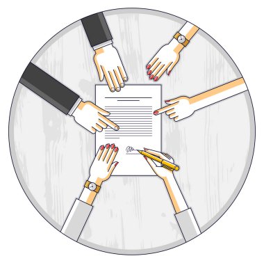 İşadamı sözleşmeli kağıt belgesini imzalar veya banka müşterisi finansal kredi formuna bir işaret yazar ve çalışanlar ona yardım eder ve kredi şartlarını, insanların ellerinin üst görünümünü açıklar. Vektör.