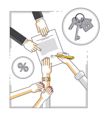 Adam emlak satın almak için banka ipoteği hipotezi imzalıyor ve karısı karar vermesine yardım ediyor. Çalışan da kredi şartlarını, insanların el ve kağıtlarını açıklıyor. Vektör.