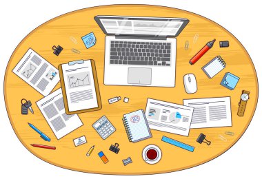 Office çalışan veya girişimci Danışma işyerinde grafik ve tablo veri ve ileti örneği nesnelerde Pc defter ve analytics raporları ile. Tüm öğeleri ayrı ayrı kullanımı kolay. Vektör.