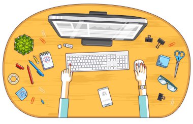 Bir bilgisayar üzerinde çalışan ofis çalışanı ya da girişimci, insan eli ve çeşitli kırtasiye eşyalarıyla çalışma masasının üst görüntüsü. Tüm elementleri ayrı ayrı kullanmak kolaydır. Vektör illüstrasyonu.