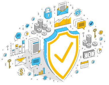 Beyaz arka plan üzerinde kalkan izole ve mali kavramı, mali güvenliği, korunması hayat şamandıra. Simgeler, istatistik grafikleri ve tasarım öğelerini ile 3D izometrik iş illüstrasyon vektör.