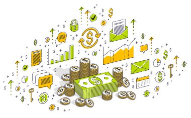 Nakit para doları yığınlar ve para kuruş kazık izole beyaz arka plan üzerinde. İzometrik 3d simgeleri, istatistik grafikleri ve tasarım öğelerini ile finans ve iş illüstrasyon vektör.