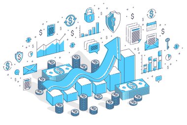 Başarı ve gelir artışı kavramı, büyüme grafik durum çubuğu üzerinde beyaz izole nakit para yığını ile. simgeler, istatistik grafikleri ve tasarım öğelerini ile 3D vektör iş izometrik çizim.
