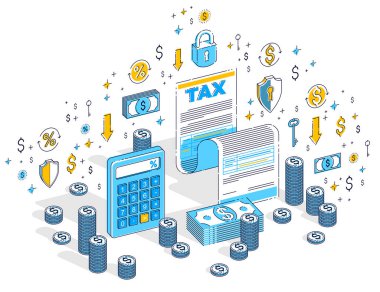 Vergilendirme kavramı, vergi form veya kağıt yasal belge nakit para yığınları ve üzerinde beyaz izole hesap makinesi ile. İzometrik 3B vektör illüstrasyon simgeler, istatistik grafikleri ve tasarım öğelerini ile finans.