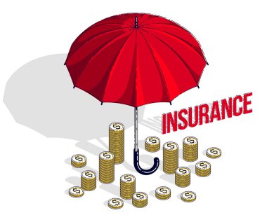 Sigorta poliçesi kavramı, şemsiye nakit para dolar yığını ve beyaz arka plan üzerinde izole para ile. 3D izometrik iş ve finans illüstrasyon vektör, ince çizgili Tema.