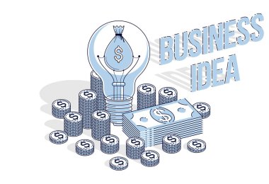 İş kurma fikri, nakit para yığını ve bozuk para yığını olan ampul. Isometric vektör iş ve finans illüstrasyon, 3D ince çizgi tasarımı.