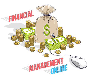 Doları yığınları ve bağlı pc fare ile üzerine beyaz izole para çantası