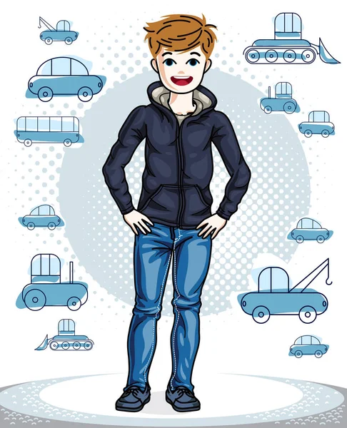 Lindo Niño Adolescente Pie Usando Ropa Casual Moda Vector Hermosa — Vector de stock