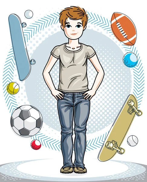 Little Boy Standing Wearing Fashionable Casual Clothes Vector Attractive Kid — Stock Vector