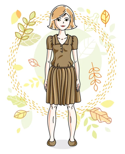 Attractive Young Blonde Woman Posing Background Autumn Landscape Wearing Different — Stock Vector