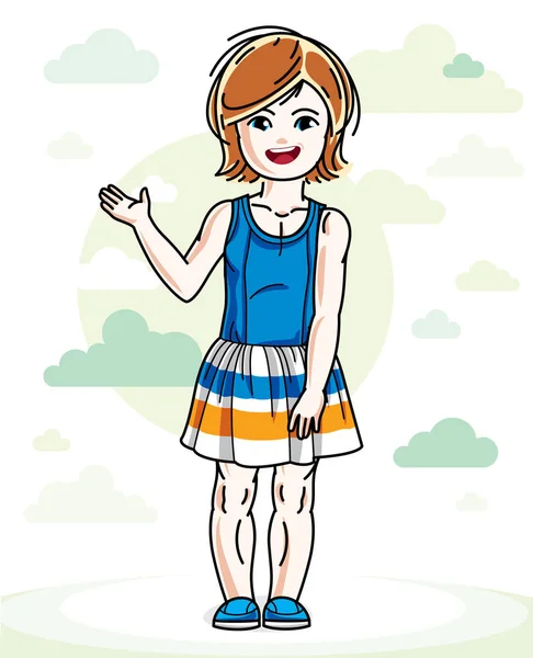Happy Little Redhead Girl Posing Background Blue Heavens Clouds Wearing — Stock Vector