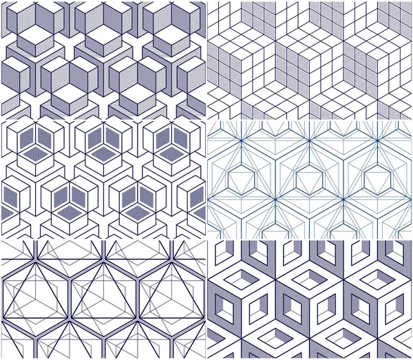 Geometrik küpleri sorunsuz desenleri kümesi, 3d vektör arka plan toplama soyut. Çizim için sonsuz illüstrasyonlar mühendislik teknolojisi tarzı. Kaydırma kumaş, duvar kağıdı, için kullanılabilir. 