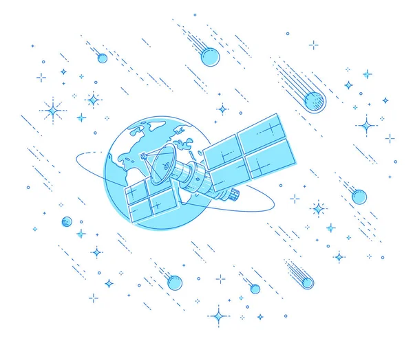 Communicatie Satelliet Orbitale Ruimtevlucht Rond Aarde Ruimtevaartuig Ruimtestation Met Zonnepanelen — Stockvector