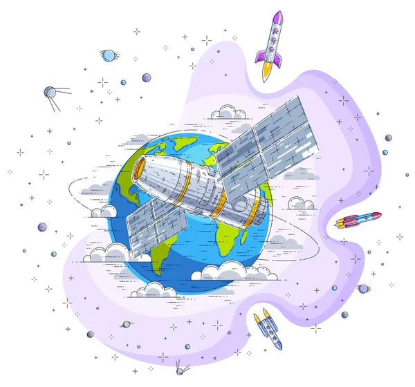 Raumstation Orbitalflug Die Erde Raumschiff Mit Sonnenkollektoren Künstlicher Satellit Mit — Stockvektor