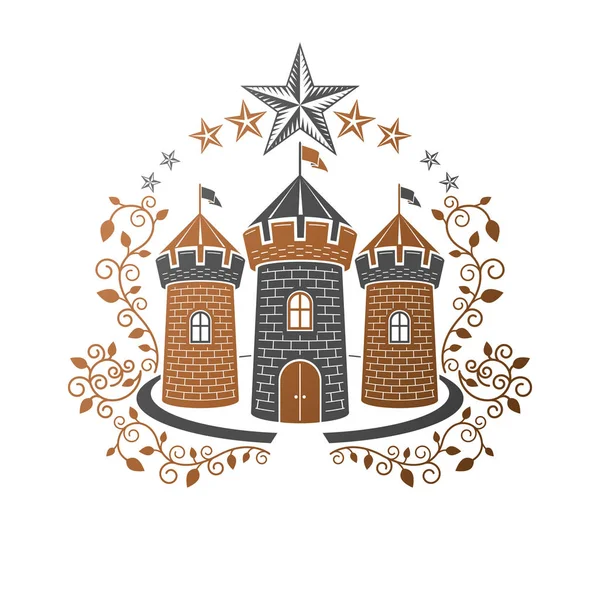 Eski Fort amblemi. Hanedan arması dekoratif logo vektör illüstrasyon izole. Beyaz arka plan üzerinde eski tarzı antika logo.