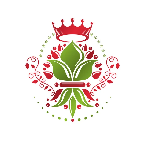 皇室标志百合花卉图形会徽由国王皇冠 纹章矢量设计元素 复古风格标签 纹章标志 — 图库矢量图片