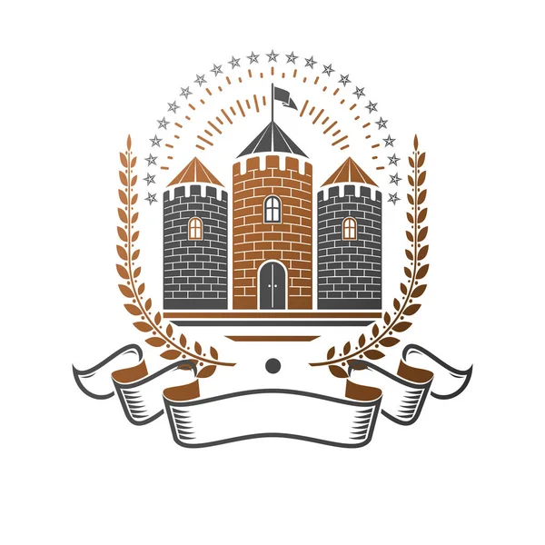 Ancient Fortress Emblem Heraldic Coat Arms Vintage Vector Logo Ornate — Stock Vector