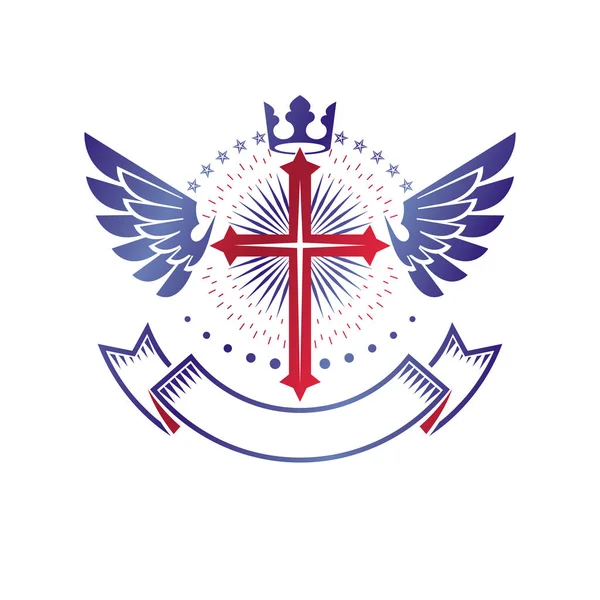 Emblème Croix Chrétienne Ailée Composé Une Couronne Royale Ruban Luxe — Image vectorielle