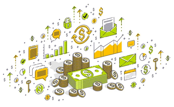 Nakit para doları yığınlar ve para kuruş kazık izole beyaz arka plan üzerinde. İzometrik 3d simgeleri, istatistik grafikleri ve tasarım öğelerini ile finans ve iş illüstrasyon vektör.