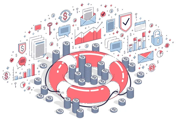 保険の概念 現金お金のドルのスタックとコインは 白い背景で隔離生活ブイ ベクトルのアイコン 統計グラフのデザイン要素と の等尺性ビジネス イラスト — ストックベクタ