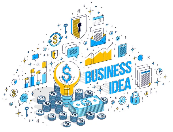 Business Creative Idea Concept Light Bulb Cash Money Stack Coins — Stock Vector