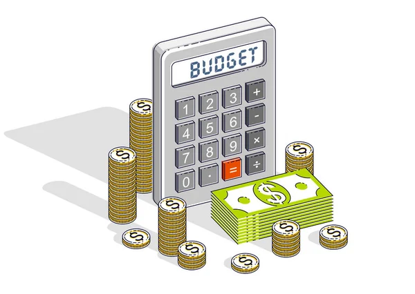 Бюджет Бухгалтерия Бухгалтерия Концепции Калькулятор Деньги Наличными Доллар Стек Монеты — стоковый вектор