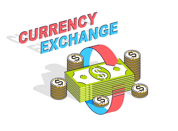 Měna Exchange Koncept Hotovostní Peníze Zásobníku Šipkami Radiální Smyčku Kolem — Stockový vektor
