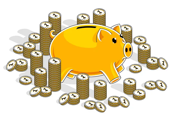 Свинка Банк Центовыми Монетами Стеки Изолированы Белом Фоне Личные Сбережения — стоковый вектор