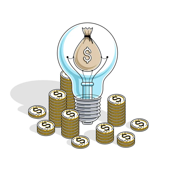 Business Start Idea Concept Light Bulb Cash Money Stack Coins — Stock Vector